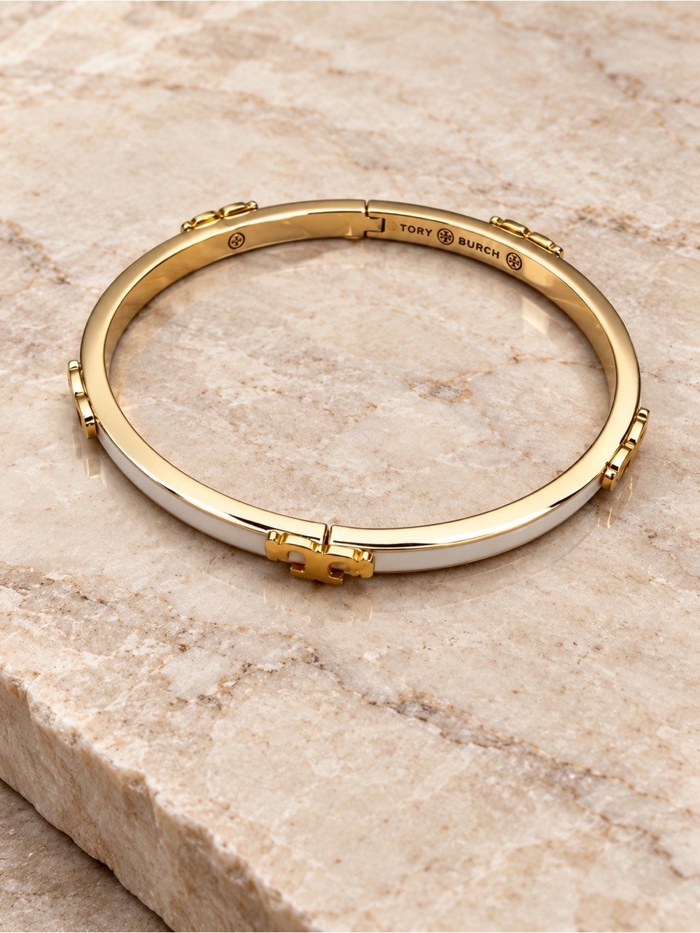 Tory Burch White & Gold Enamel Serif Bangle Bracelet 64928 – NWOT